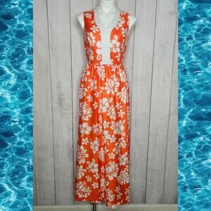 VTG 60s Elfriede for Mitch Robert Orange & White Hawaiian Hibiscus Floral Dress